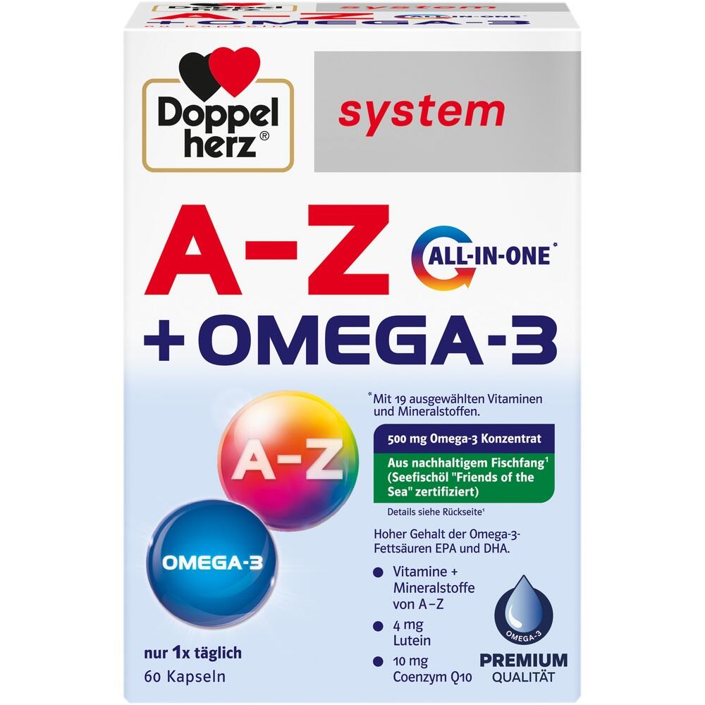 Verpackung von Doppelherz A-Z plus Omega-3 mit 60 Kapseln.