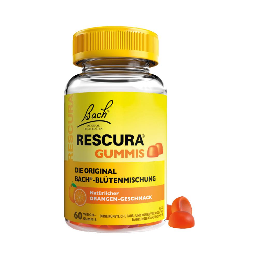 Gelbes Gummibärchen-Glas mit Aufschrift "Rescura Gummis" und Orangengeschmack.