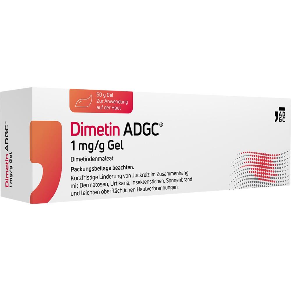 Weiße Arzneimittelverpackung für Dimetin ADGC 1 mg/g Gel gegen Juckreiz.