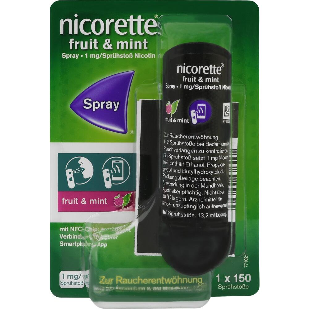 Eine grüne Verpackung mit Nicorette Frucht- und Minz-Nikotin-Spray.
