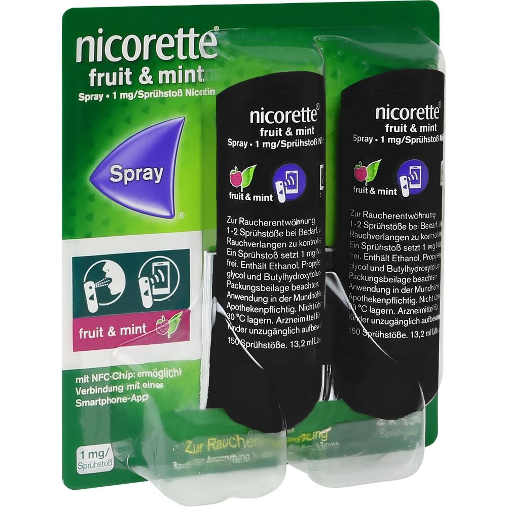 Zwei Nicorette-Sprays mit Frucht- und Minzgeschmack zur Raucherentwöhnung.