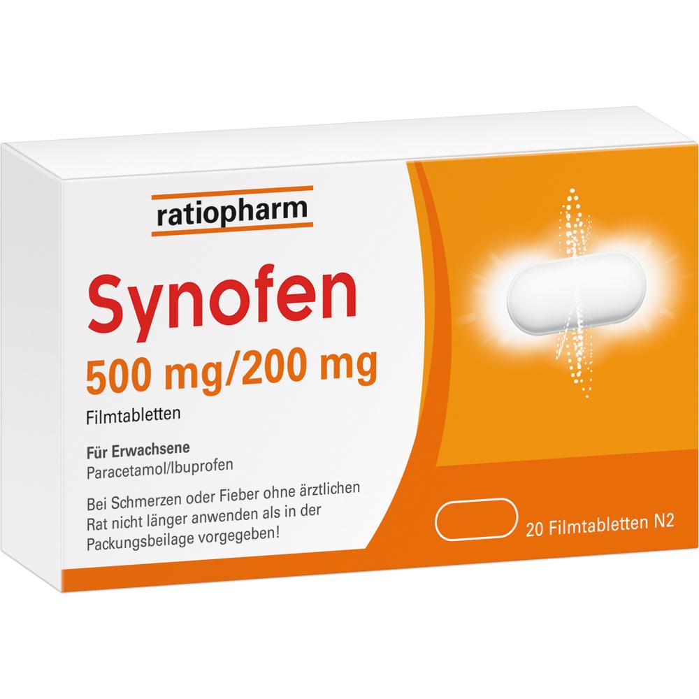 Eine Packung Synofen Tabletten gegen Schmerzen und Fieber.