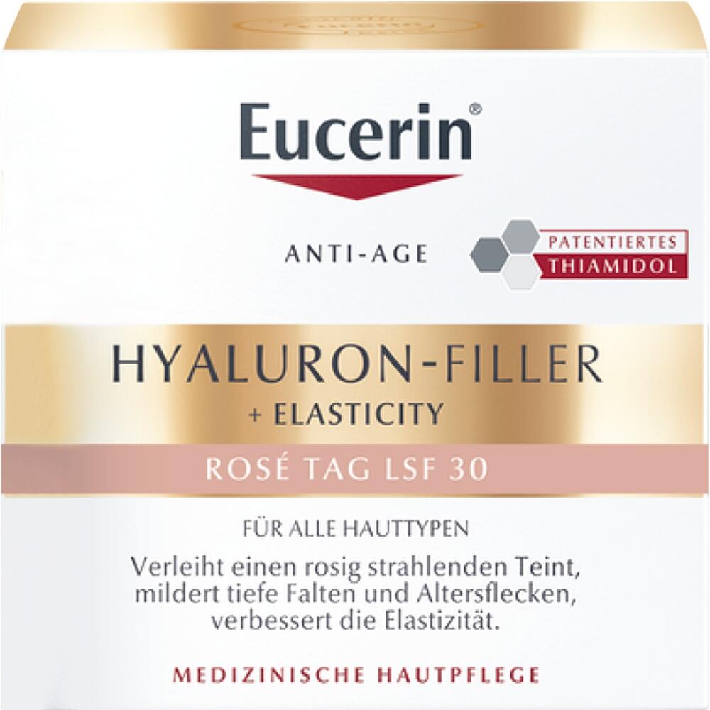 Verpackung einer Anti-Aging-Creme von Eucerin mit Hyaluron-Filler und LSF 30.