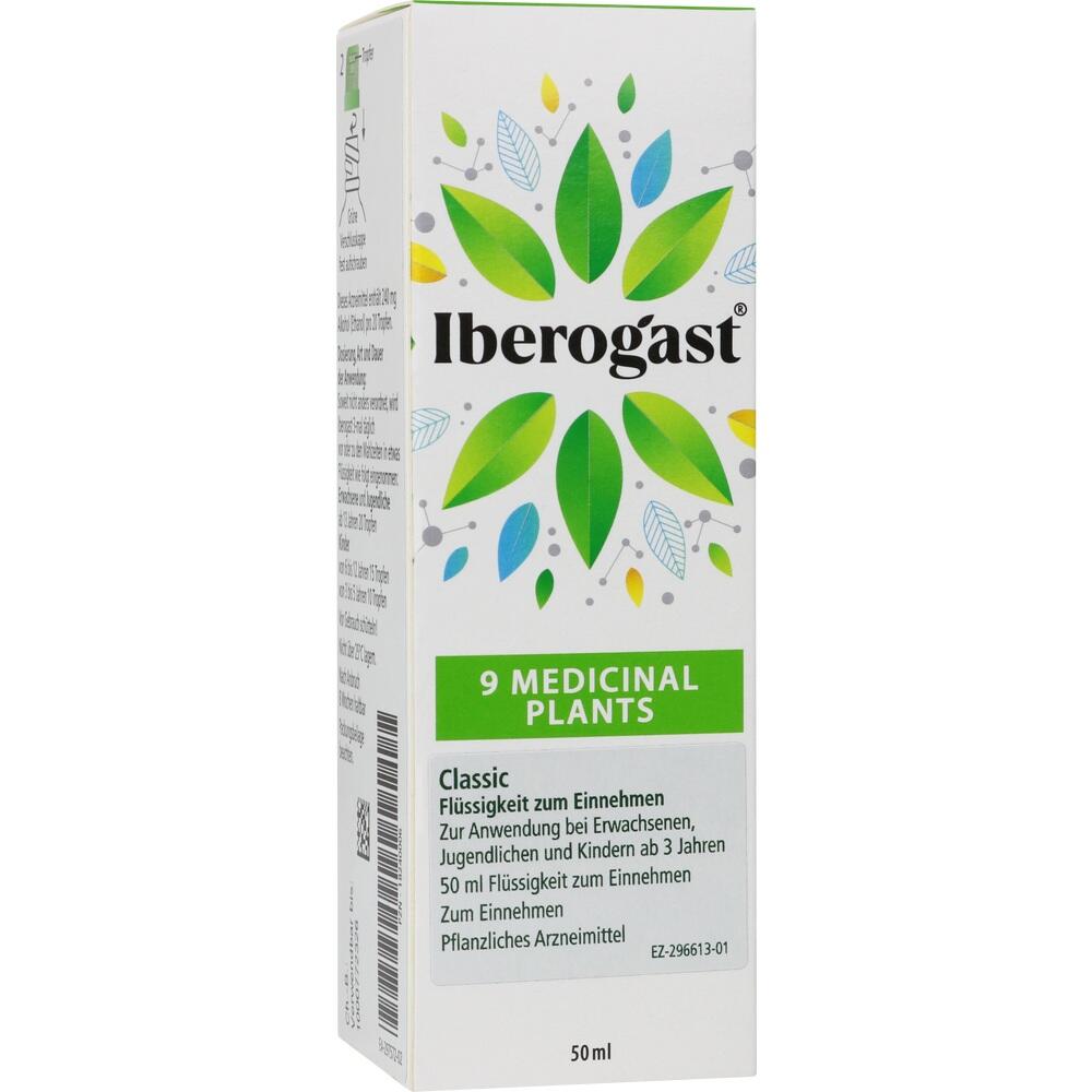 Eine Schachtel mit der Aufschrift "Iberogast", verziert mit gr&uuml;nen Bl&auml;ttern und bunten Symbolen.