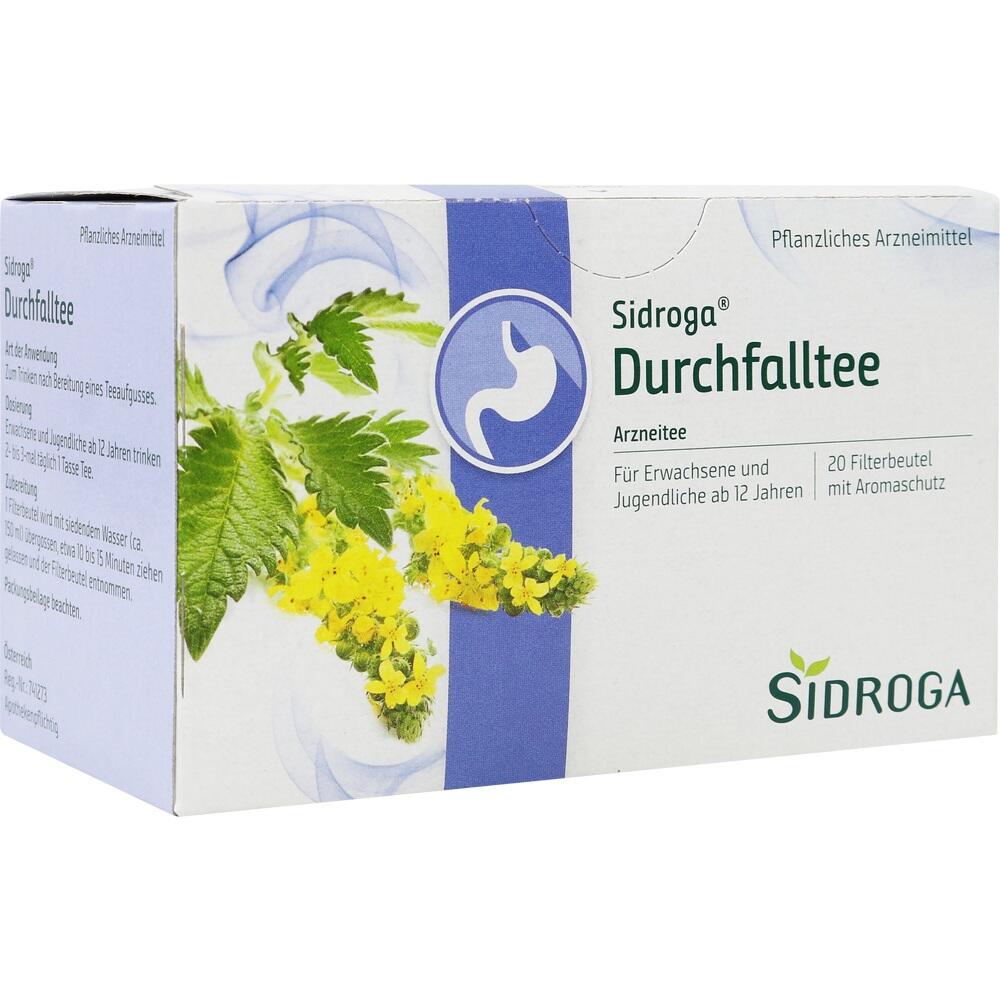 Teepackung mit der Aufschrift "Sidroga Durchfalltee" und gelber Blütenabbildung.