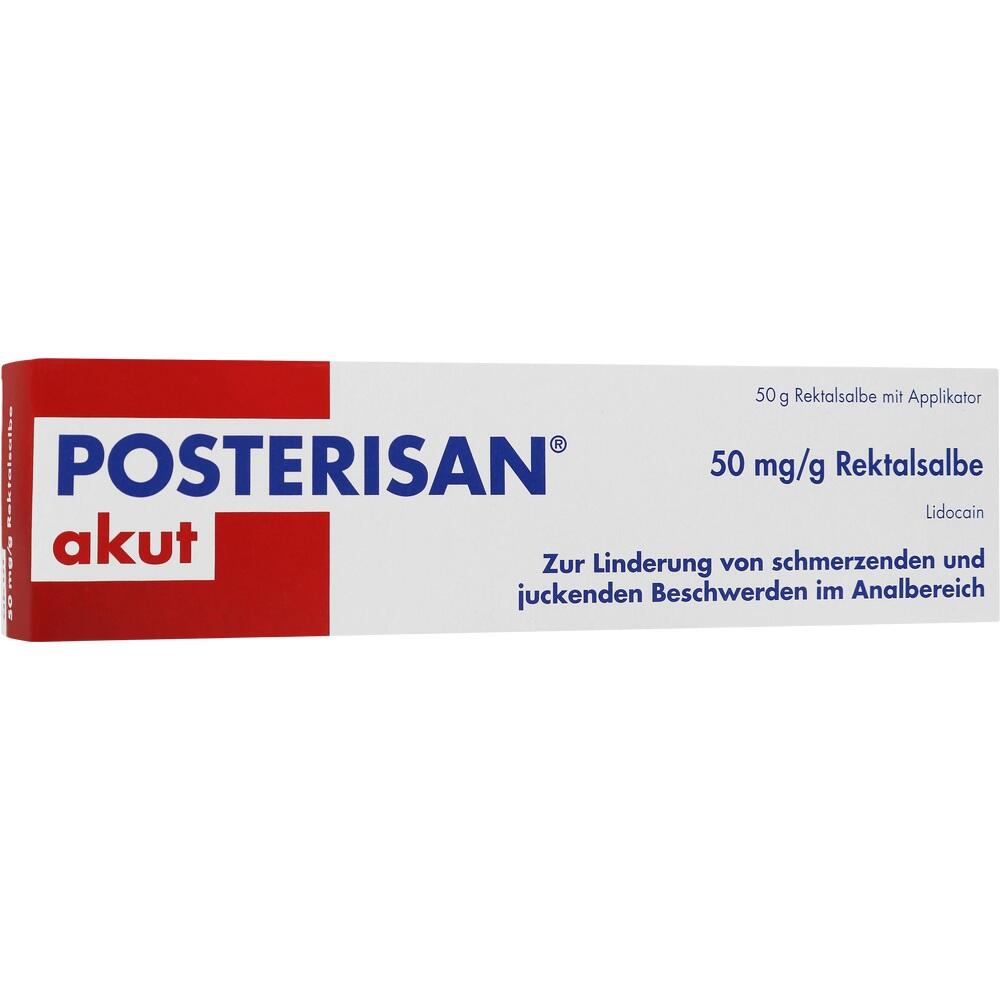 Eine weiße Packung Posterisan Akut Rektalsalbe zur Linderung von Analbeschwerden.
