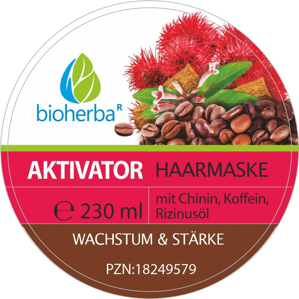 Etikett einer Haarmaske mit Kaffeebohnen und Pflanzen darauf.