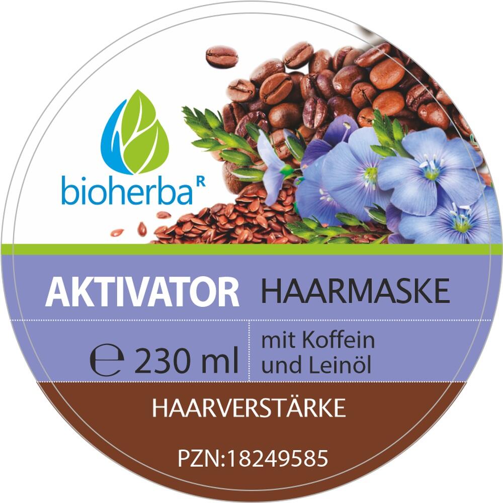 Runde Verpackung einer Haarmaske mit Koffein und Leinöl, 230 ml.