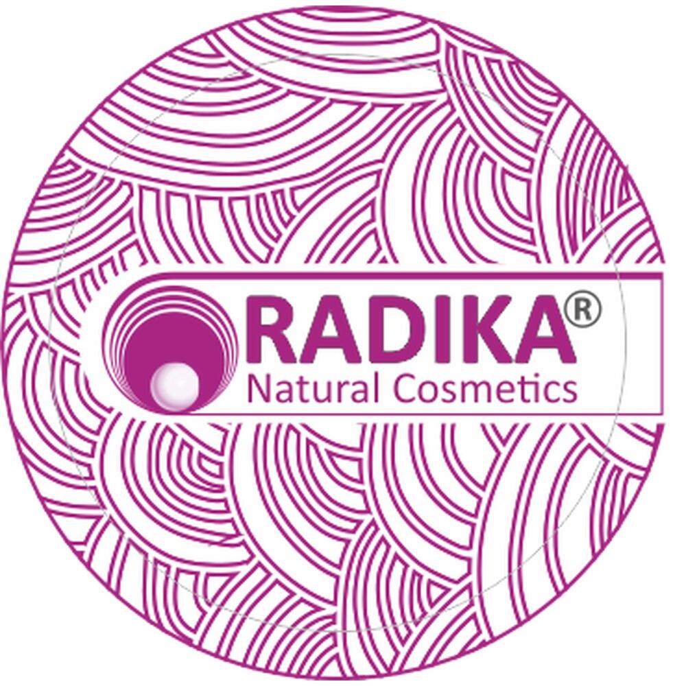 Lila Logo von Radika Natural Cosmetics mit kreisförmigem Muster.