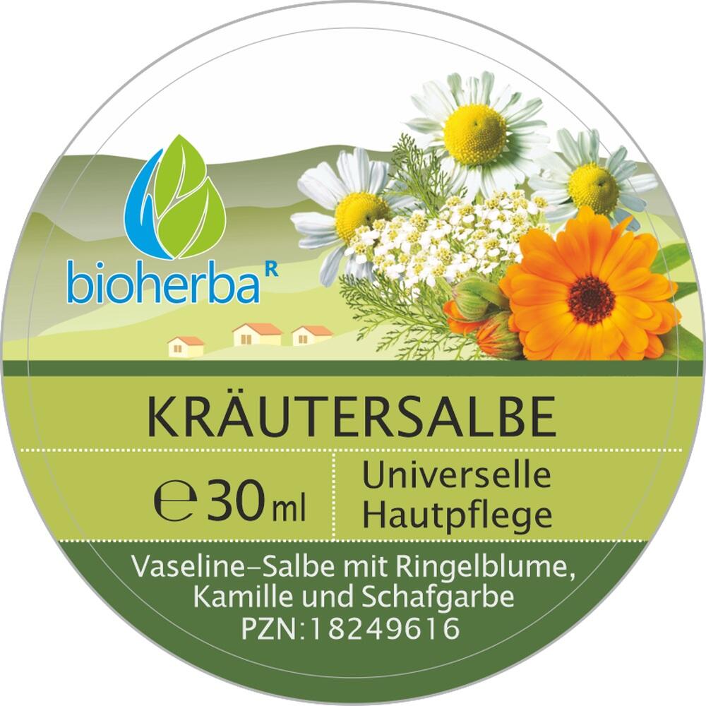 Rundes Etikett einer Kräutersalbe mit Blumen und Produktinformationen.