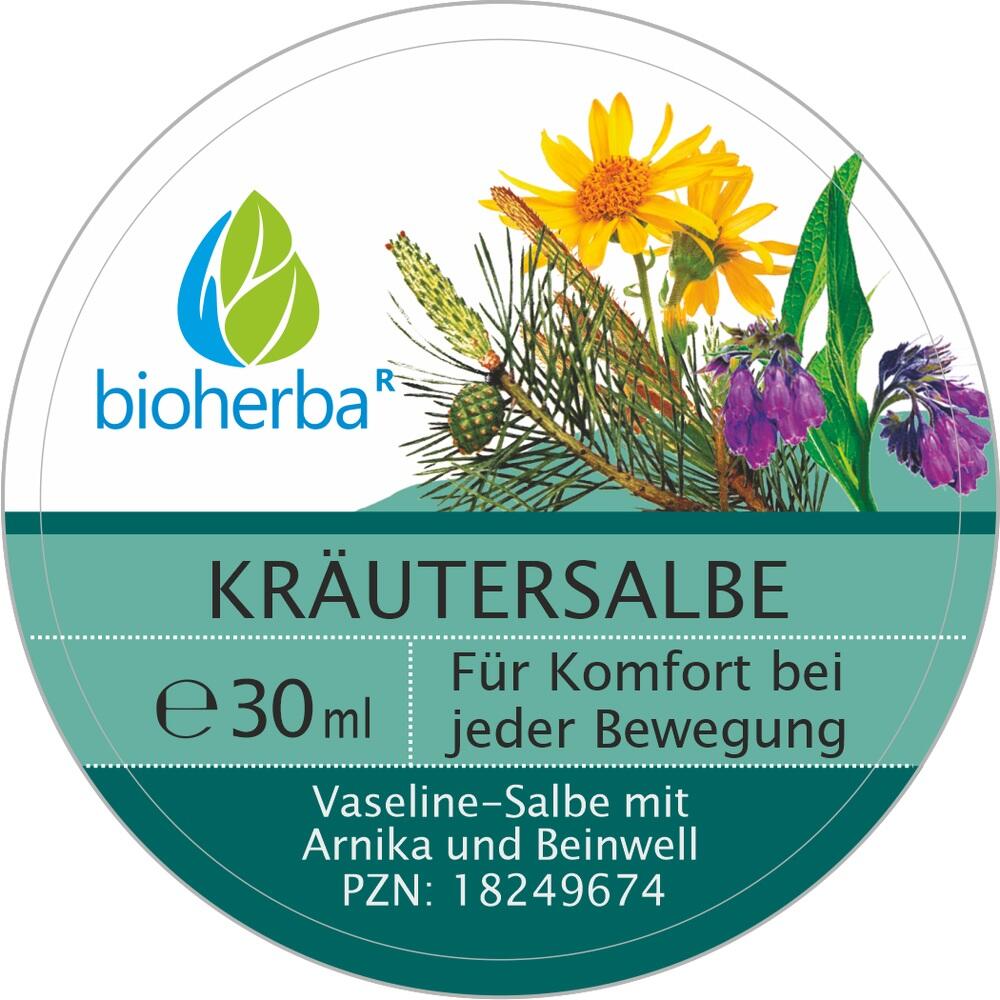 Runde Verpackung einer Kräutersalbe mit bunten Blumen und grünem Logo.