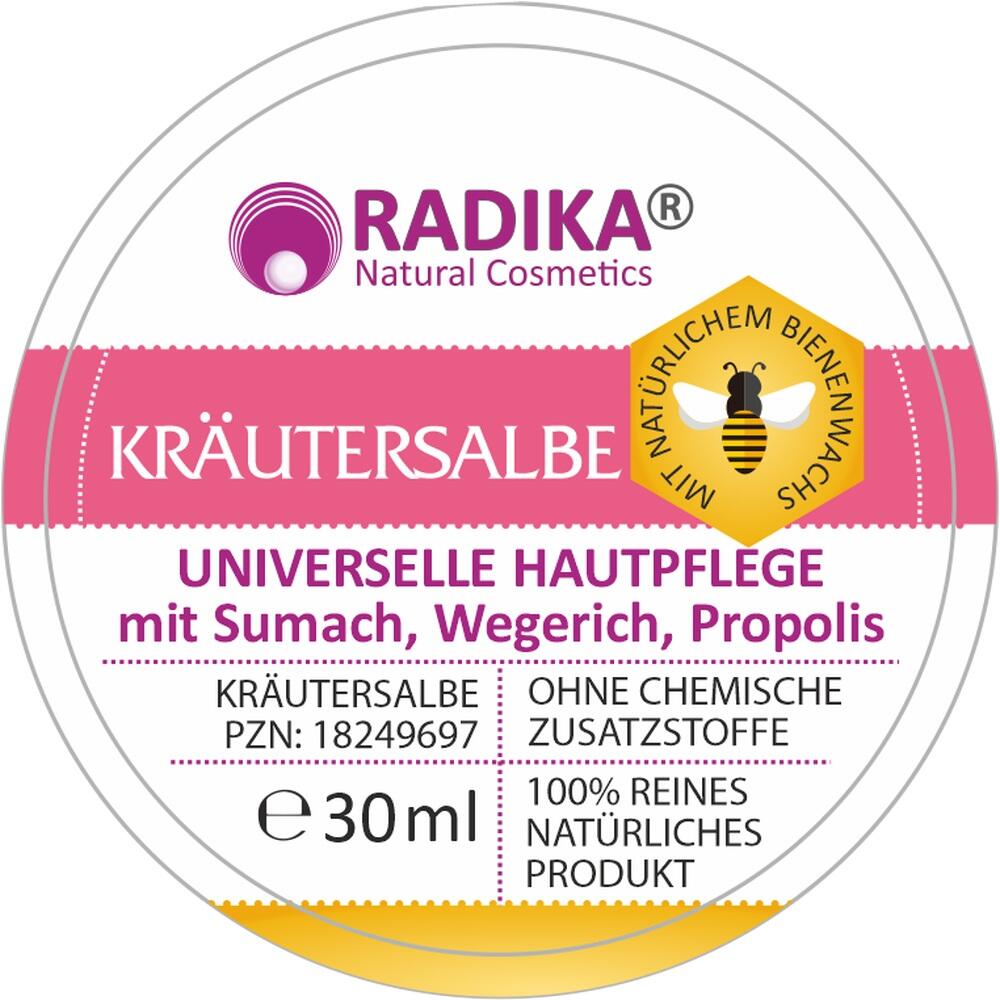 Runde Dose mit Aufschrift "Kräutersalbe" und Bienenwachs-Symbol.