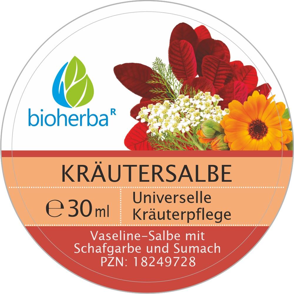 Auf der Verpackung steht "Kräutersalbe", dekoriert mit Blumen.