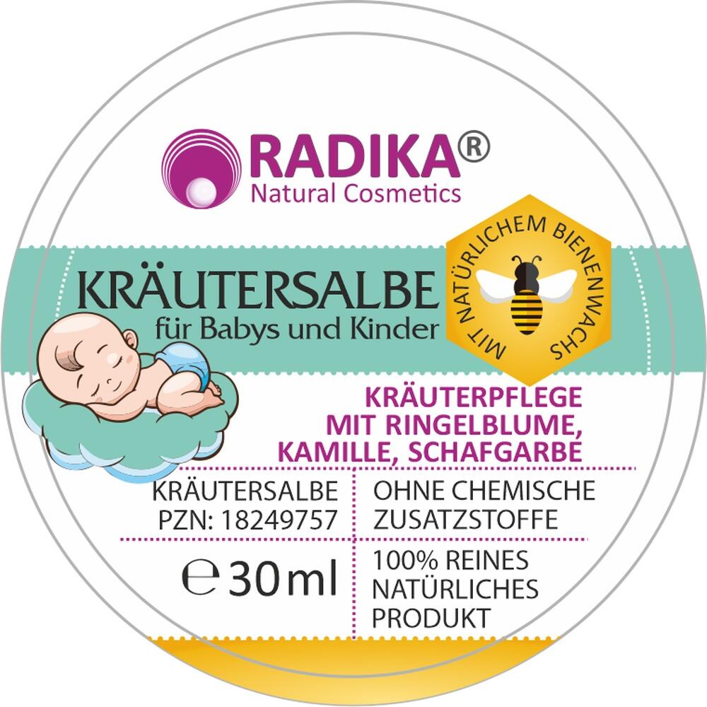 Etikett einer Kräutersalbe für Babys und Kinder mit natürlichen Inhaltsstoffen.