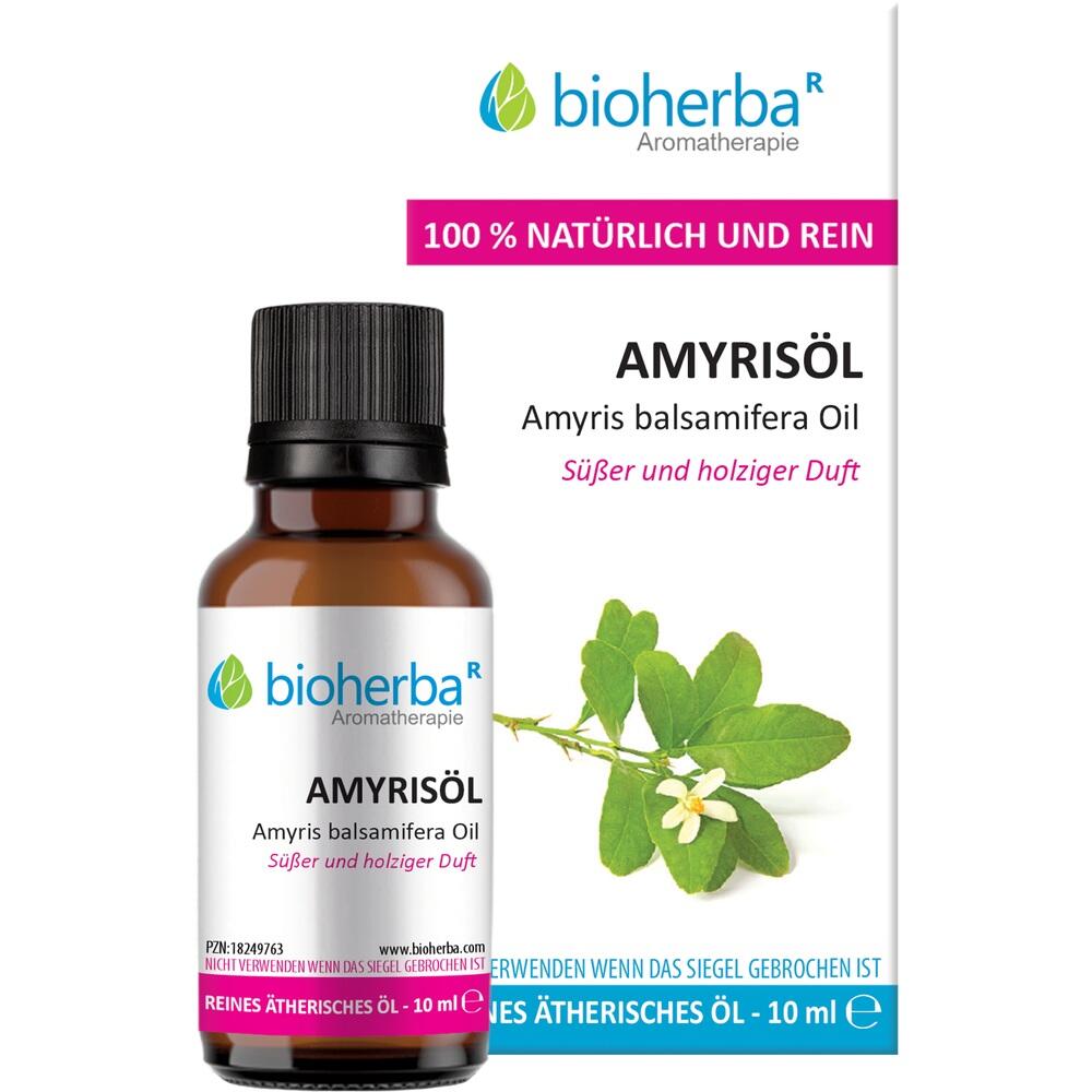 Flasche mit ätherischem Amyrisöl und Blüten auf der Verpackung.