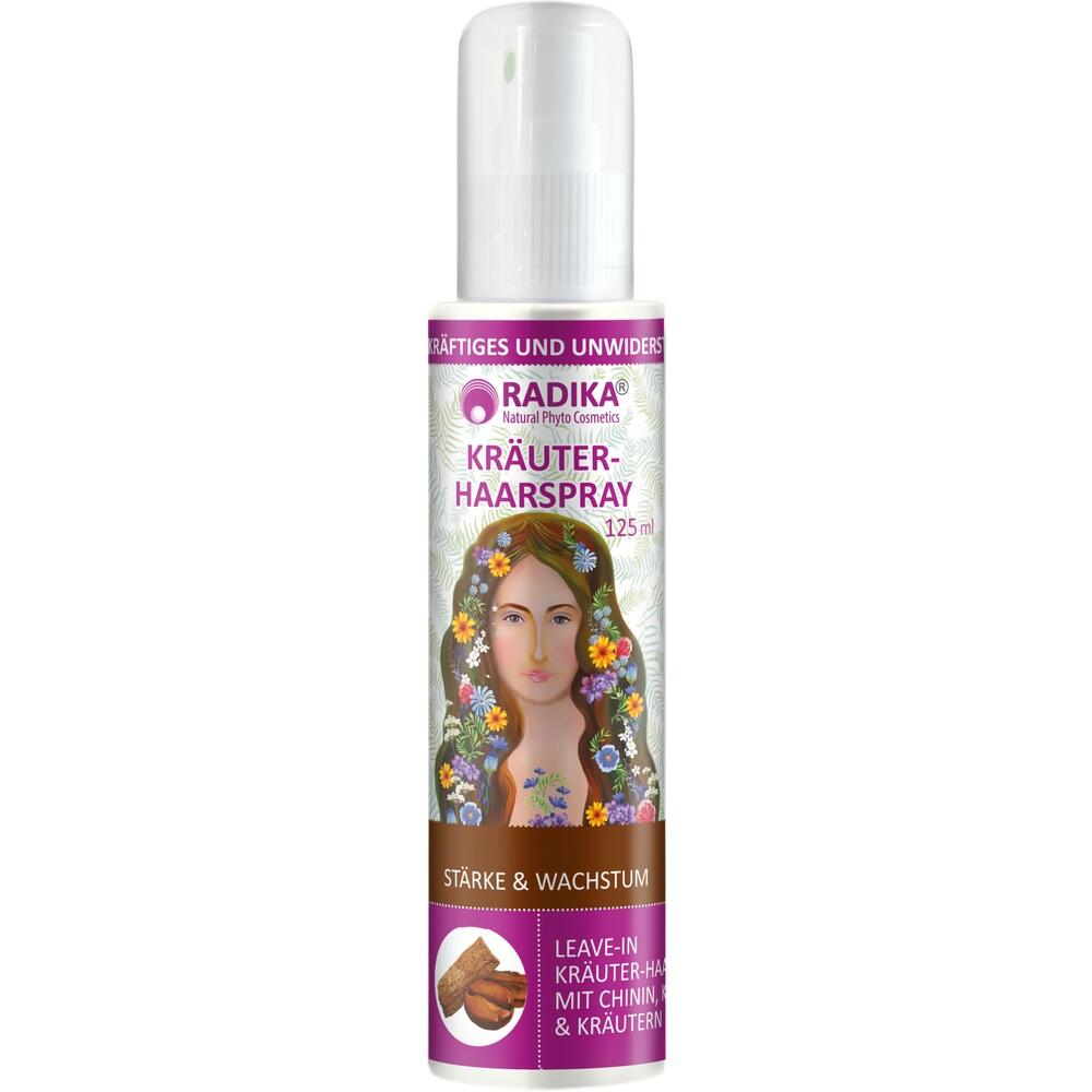 Eine Flasche Kräuter-Haarspray mit einer Frau und Blumen auf dem Etikett.