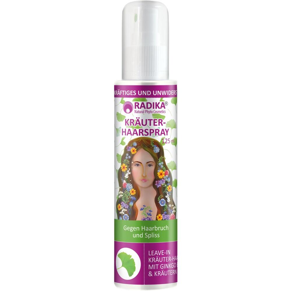 Flasche eines Kräuter-Haarsprays mit einer blumengeschmückten Frau darauf.