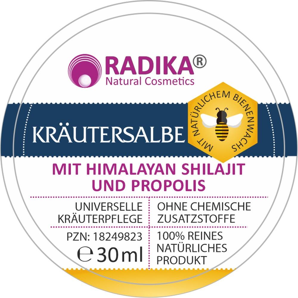 Etikett einer Kräutersalbe mit Himalayan Shilajit und Propolis, 30 ml.