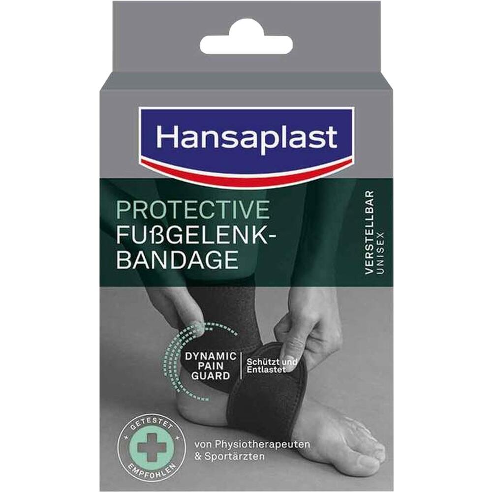 Eine Schachtel mit einer verstellbaren Fu&szlig;gelenkbandage von Hansaplast.