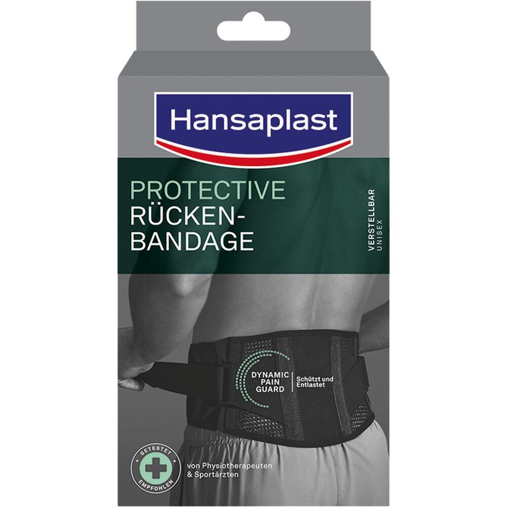 Person trägt eine schwarze Rückenbandage von Hansaplast im grauen Karton.