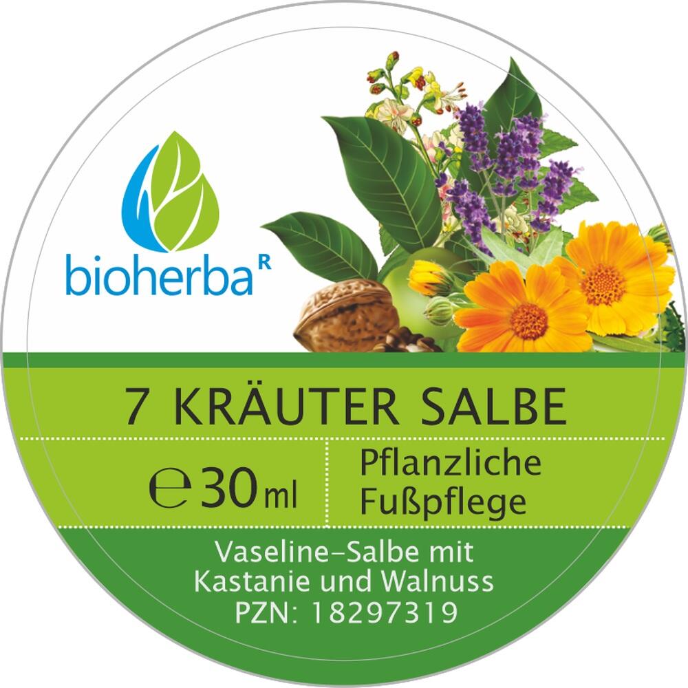 Runde Dose mit 7 Kräuter Salbe zur pflanzlichen Fußpflege.