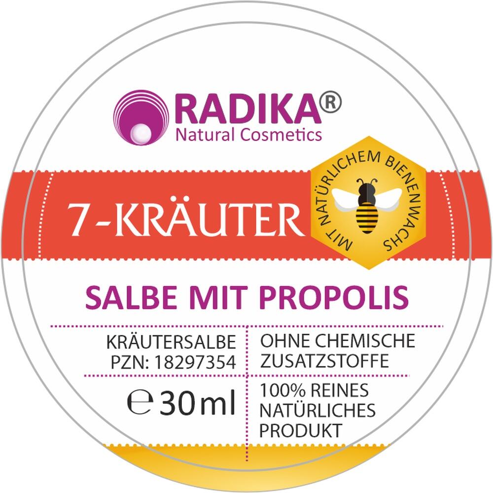 Etikett einer 7-Kräuter-Salbe mit Propolis und Bienenwachs, 30 ml.