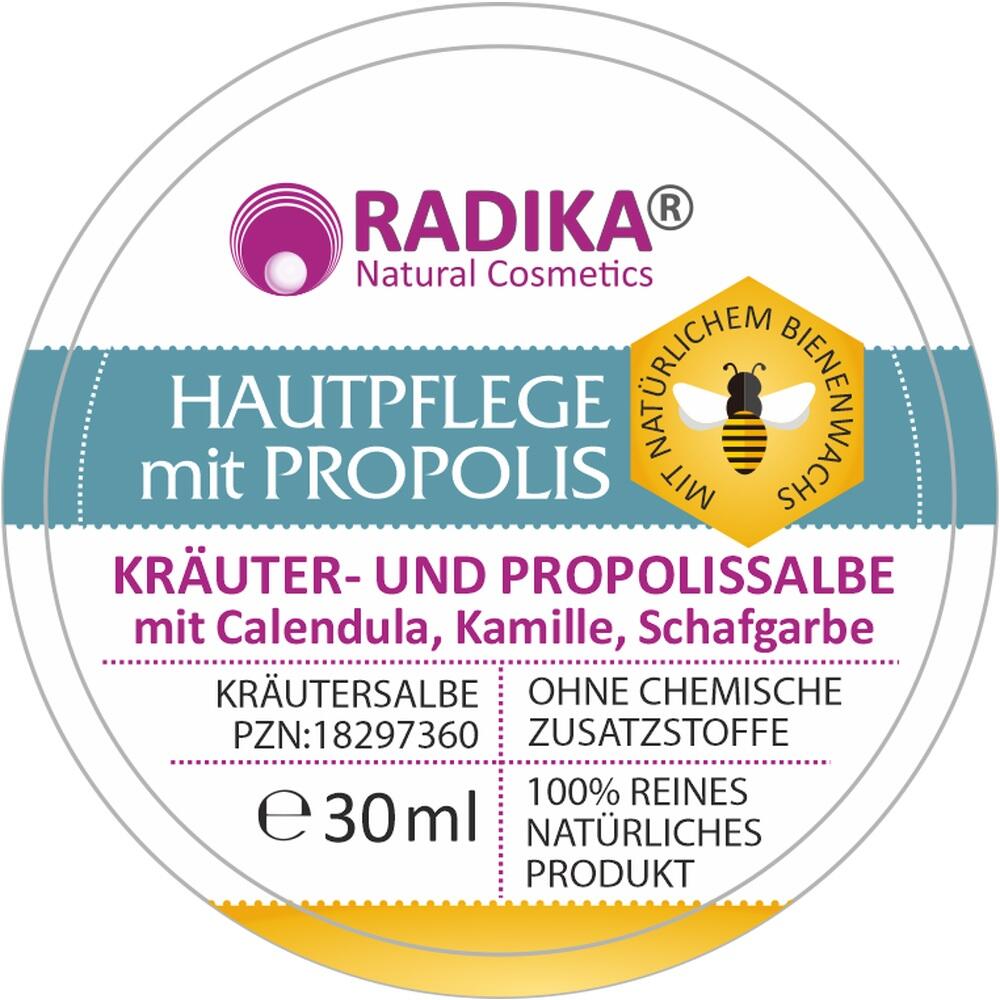 Runde Salbenverpackung mit Propolis, Kräutern und Bienenwachs, für Hautpflege.