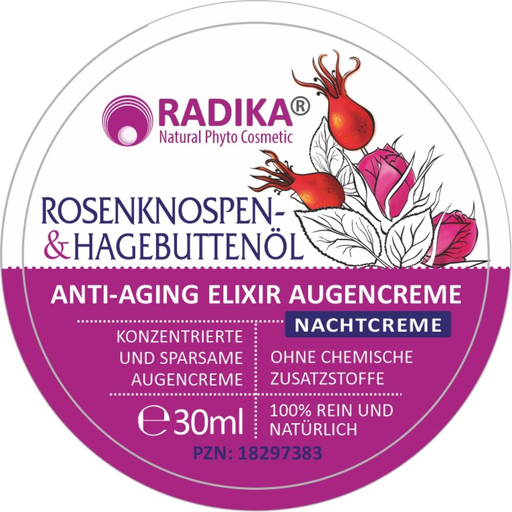 Etikett einer Anti-Aging-Nachtcreme mit Rosen- und Hagebuttenöl.