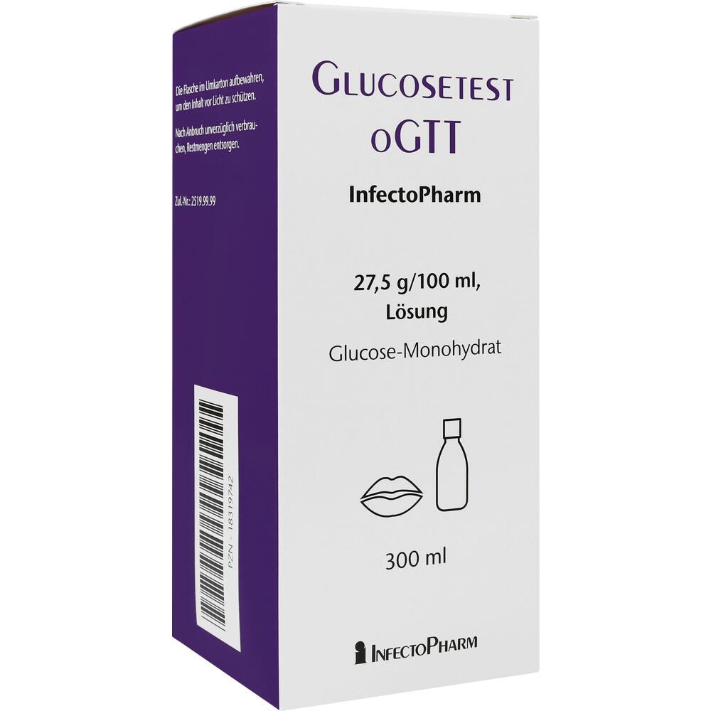 Eine Packung Glucosetest-Lösung mit 300 ml Inhalt.
