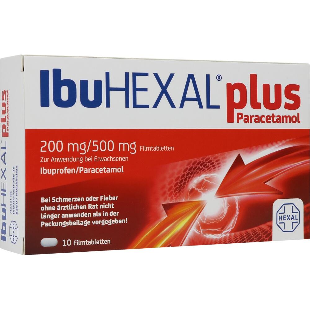 Eine Medikamentenverpackung von IbuHEXAL plus mit Ibuprofen und Paracetamol.