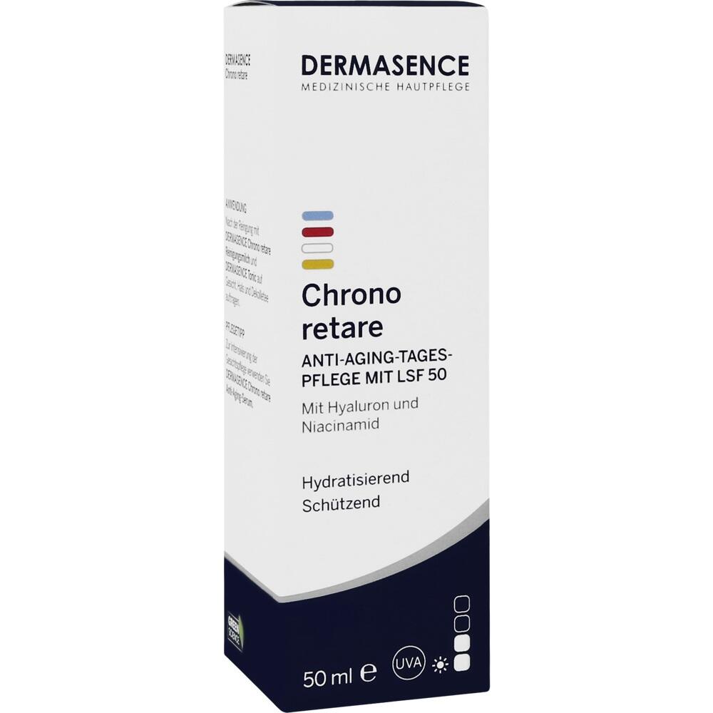 Wei&szlig;e Verpackung einer Anti-Aging-Tagespflege mit LSF 50 von Dermasence.