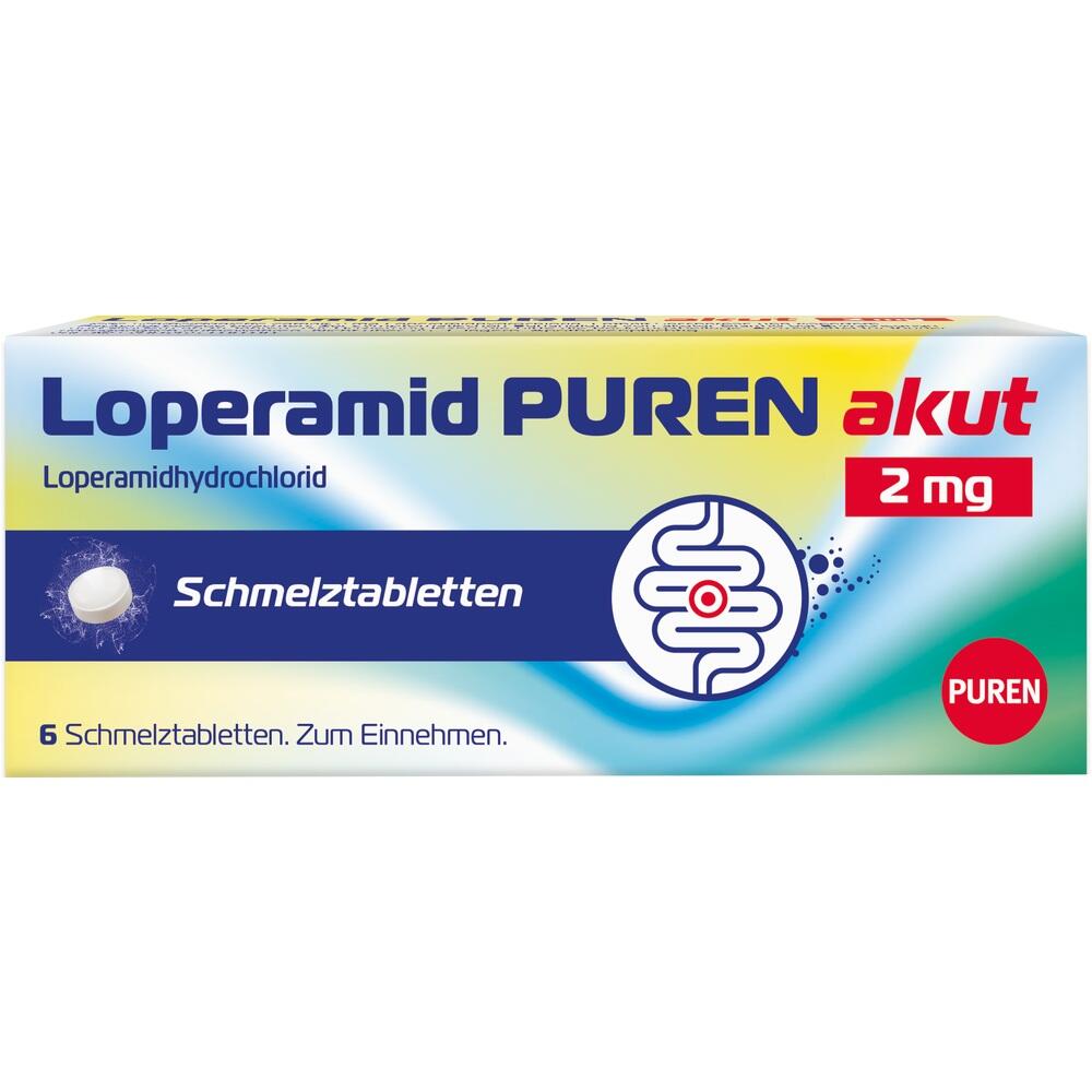 Packung Loperamid-Tabletten, 2 mg, gegen Durchfall.