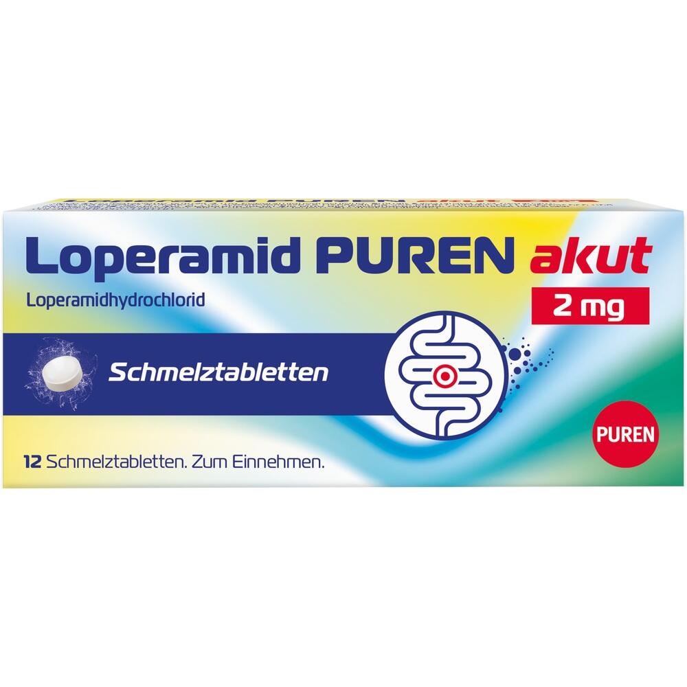 Verpackung von 12 Loperamid Schmelztabletten gegen Durchfall.