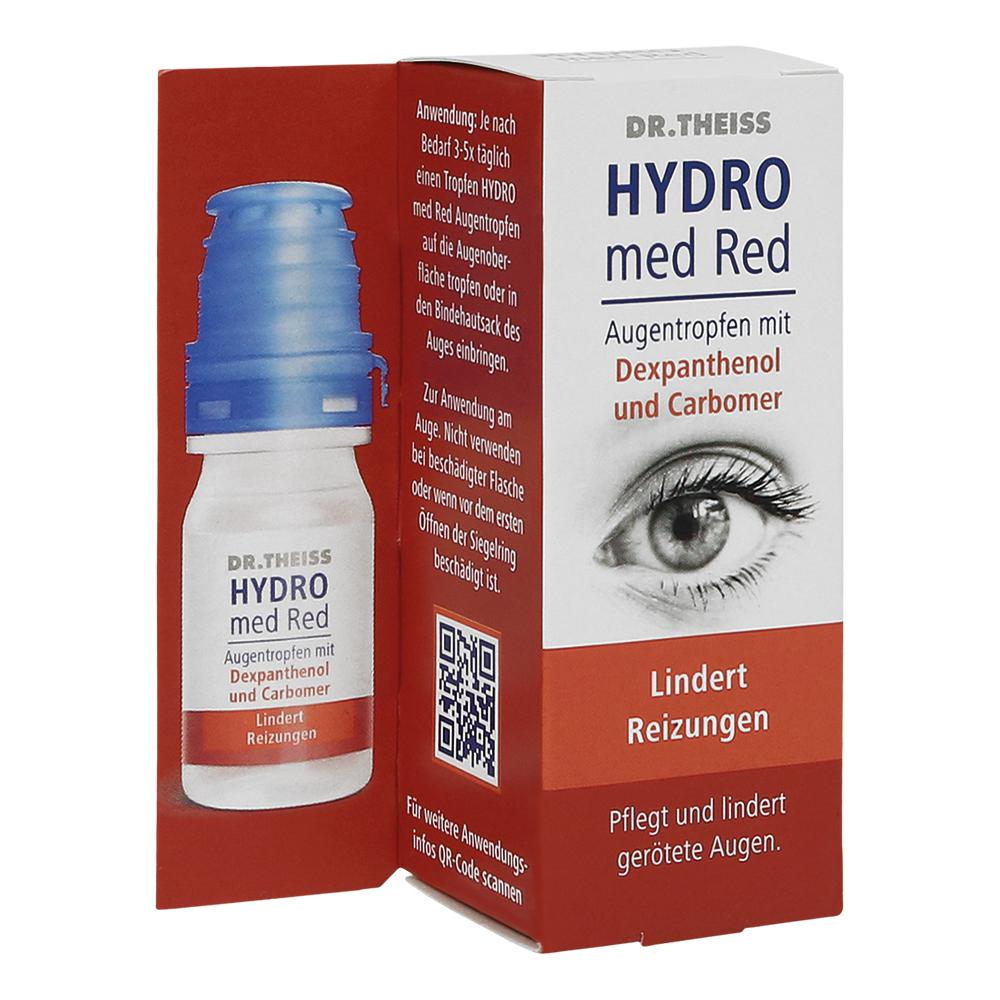 Verpackung von Augentropfen "Hydro med Red" mit blauem Deckel und rotem Text.