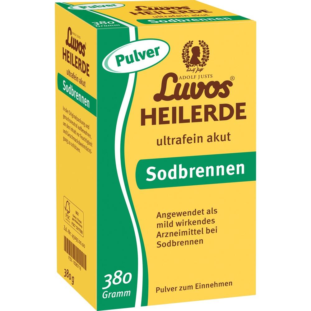 Gelbe Packung Luvos Heilerde Pulver gegen Sodbrennen mit 380 Gramm Inhalt.