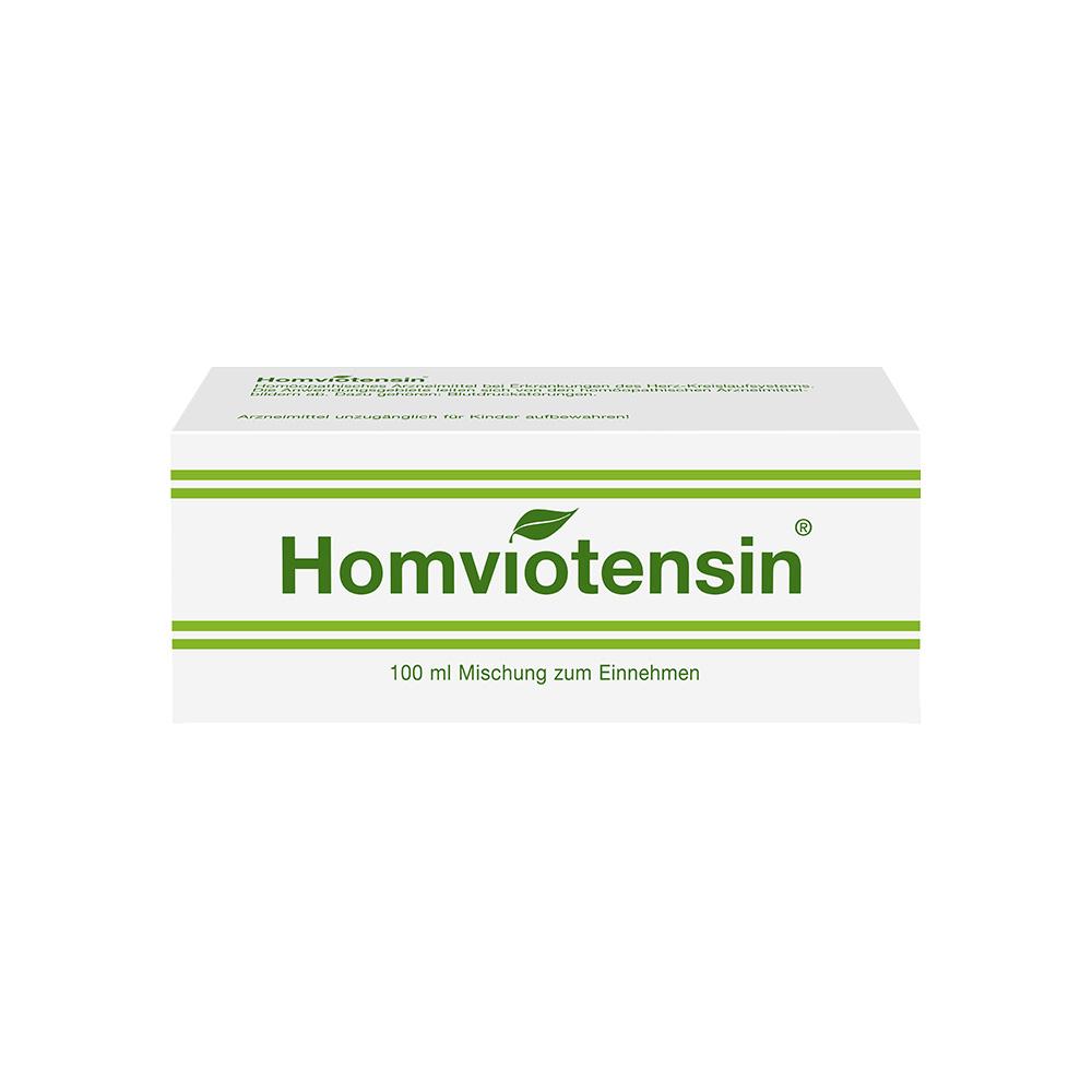 Weiße Verpackung mit grünem Text "Homviotensin" und grünem Blattmotiv.
