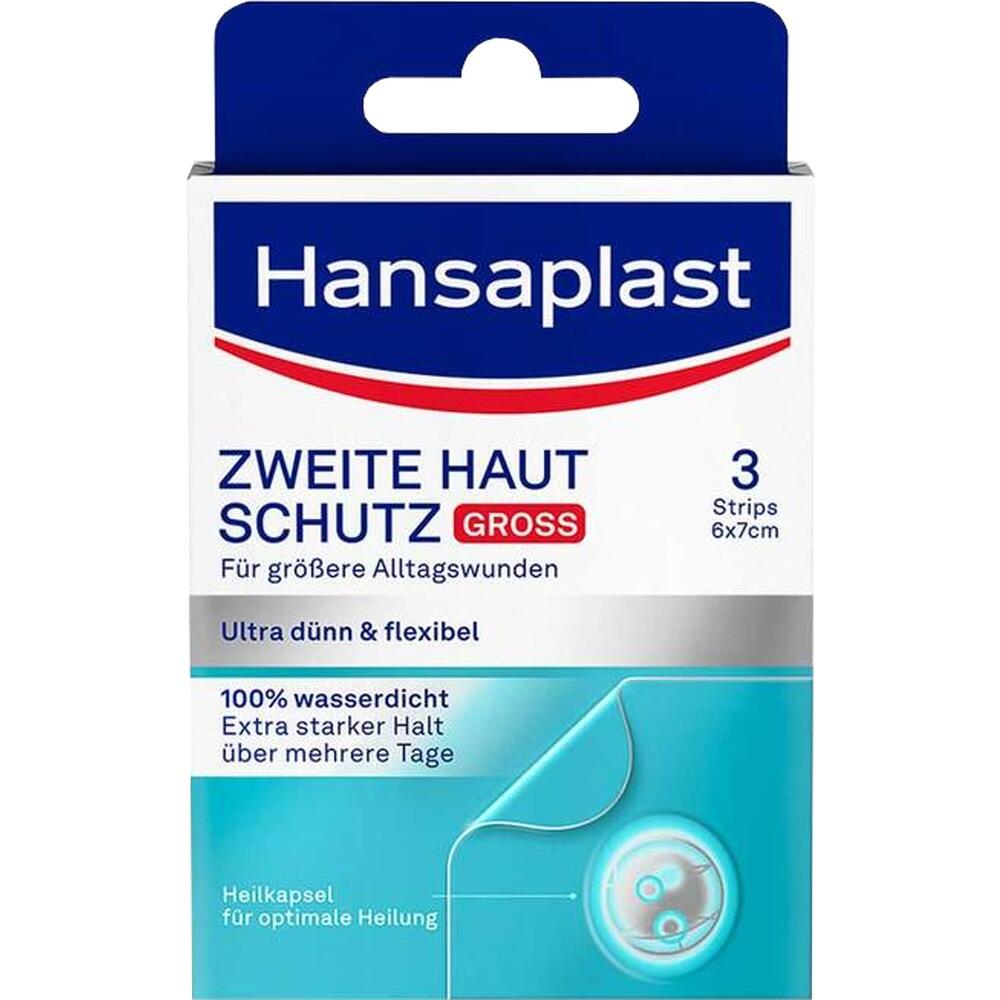 Verpackung von Hansaplast Pflastern "Zweite Haut Schutz" f&uuml;r gr&ouml;&szlig;ere Wunden, wasserfest.