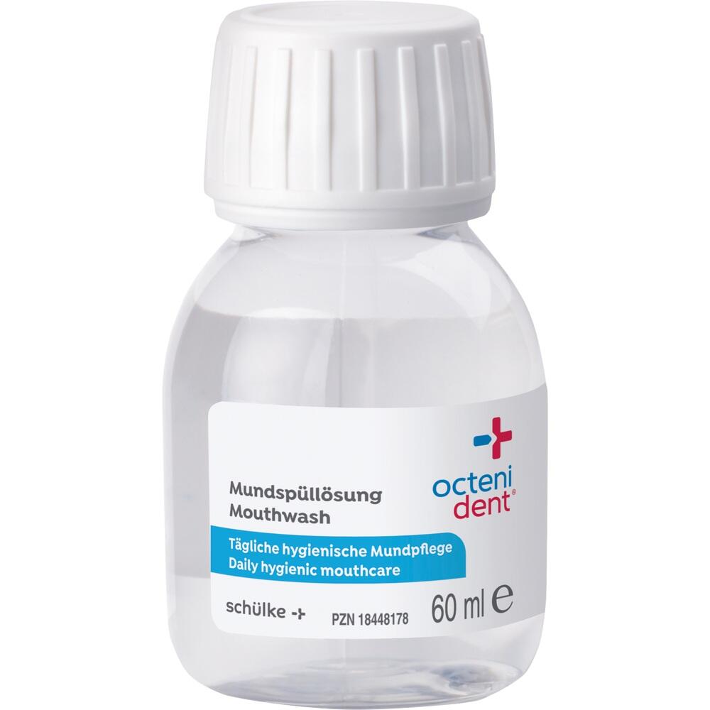 Eine kleine Flasche Mundspüllösung mit weißem Etikett und Deckel.