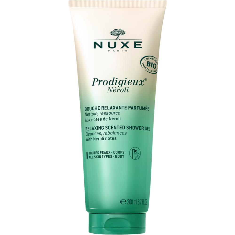 Grüne NUXE-Duschgel-Flasche mit Neroli-Duft für alle Hauttypen.