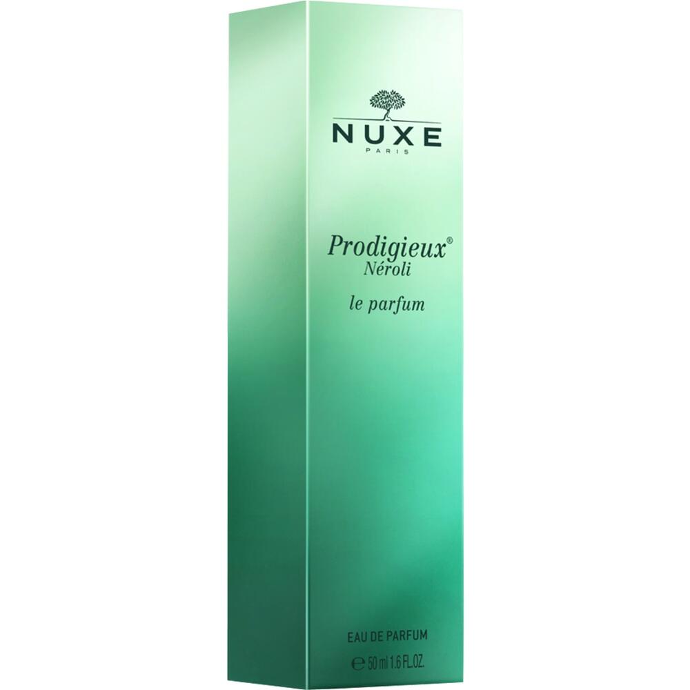 Grüne Parfümverpackung von Nuxe mit der Aufschrift "Prodigieux Néroli".