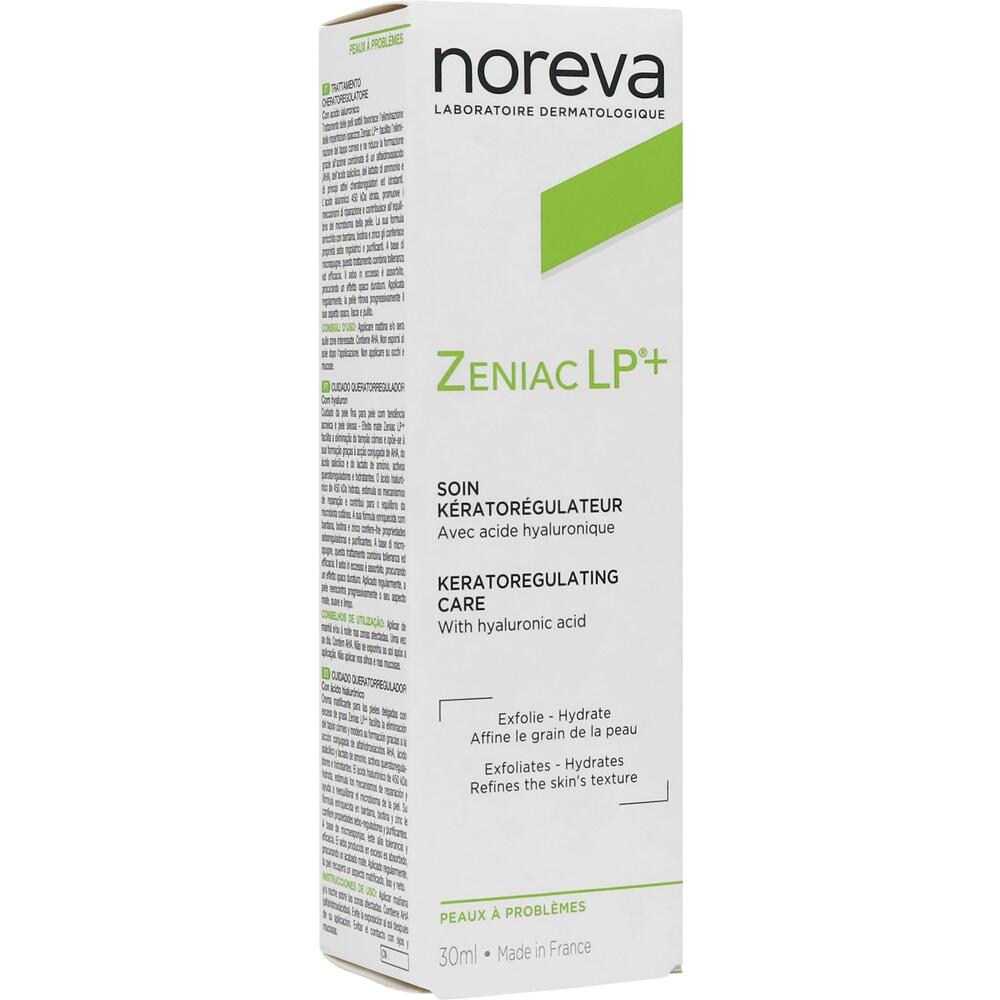 Weiße Verpackung mit Noreva Zeniac LP+ Hautpflegeprodukt und grünen Akzenten.