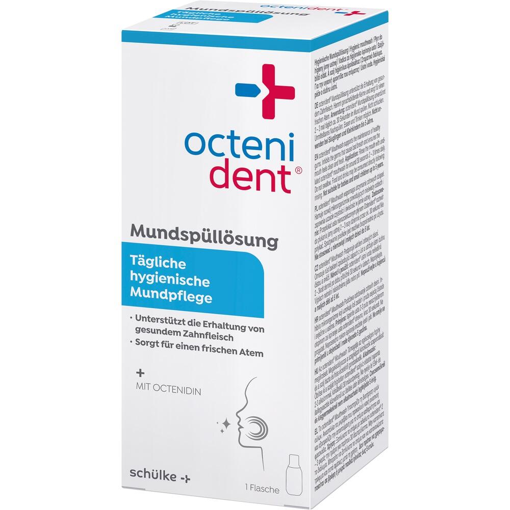 Eine Packung Octenident Mundspüllösung für tägliche Mundpflege.