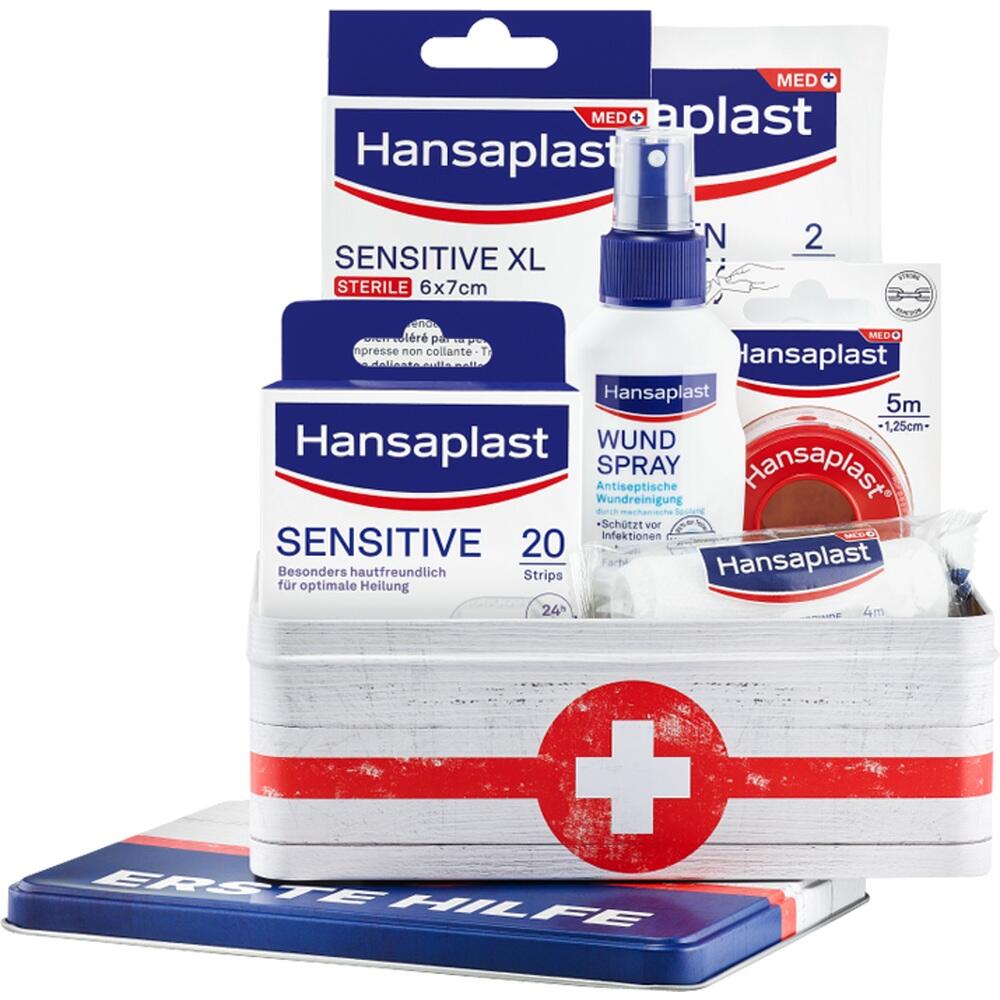 Ein Erste-Hilfe-Set mit verschiedenen Hansaplast-Produkten.