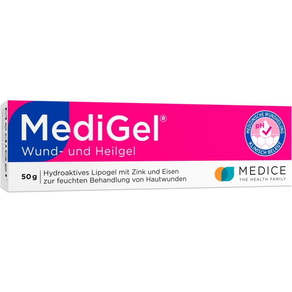 Eine pink-blaue Medikamentenverpackung für Wund- und Heilgel namens MediGel.