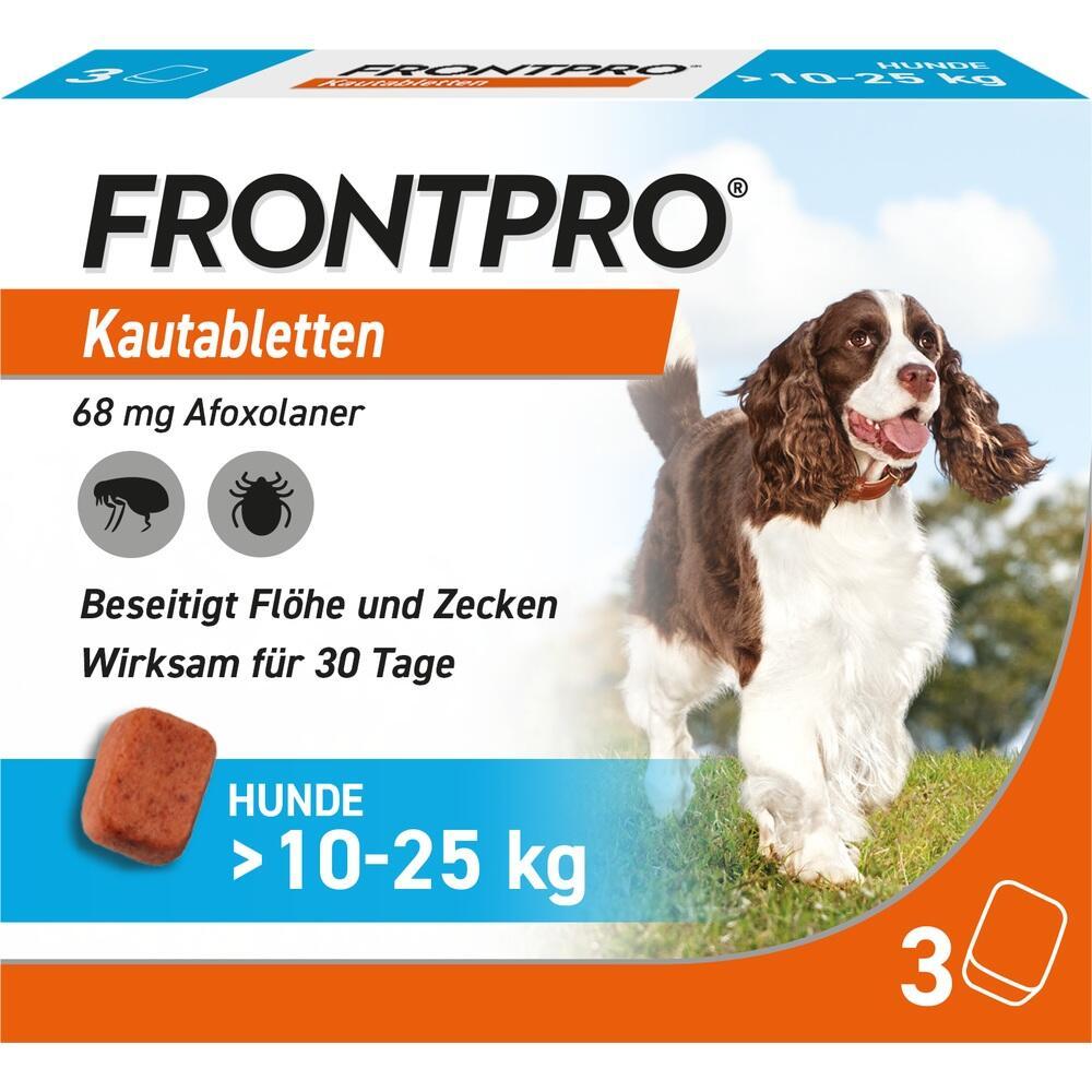 Eine Packung Frontpro-Kautabletten f&uuml;r Hunde gegen Fl&ouml;he und Zecken.