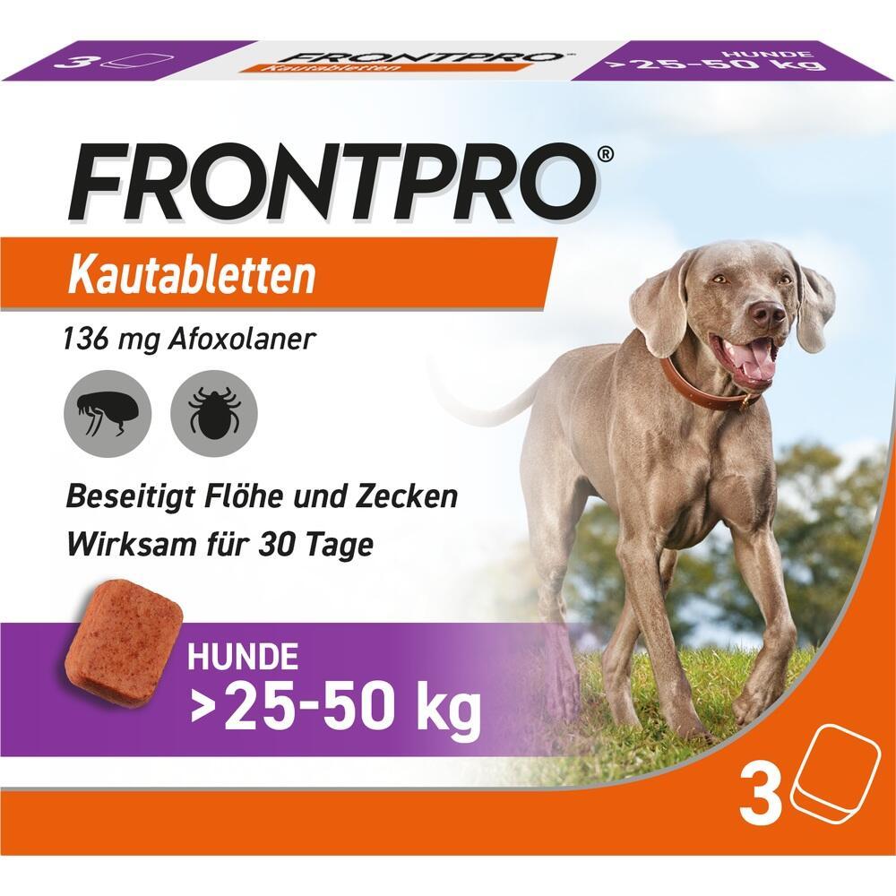 Packung von Frontpro-Kautabletten für Hunde, wirksam gegen Flöhe und Zecken.