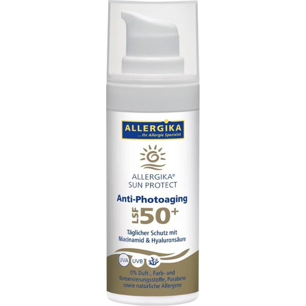 Flasche mit Sonnencreme von Allergika mit Lichtschutzfaktor 50+ für täglichen Schutz.