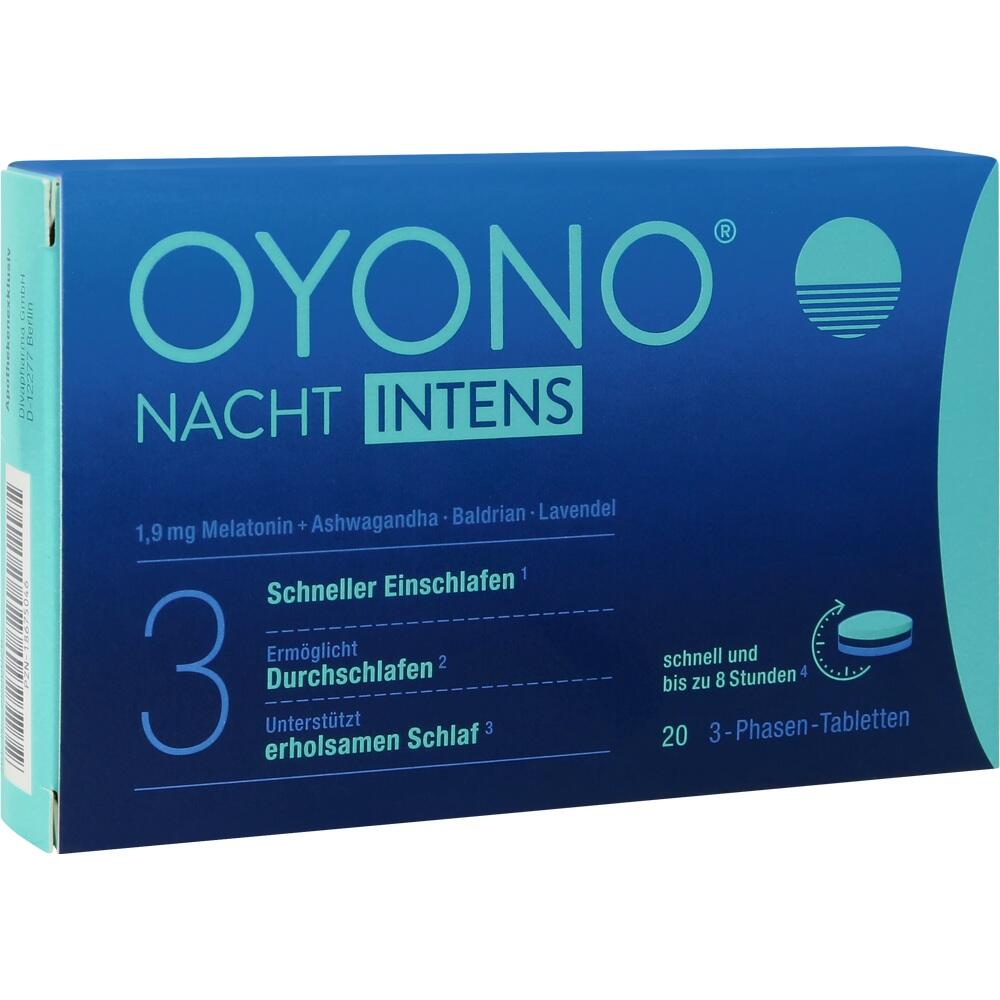 Blaue Schachtel für Schlafmittel mit der Aufschrift "Oyono Nacht Intens".