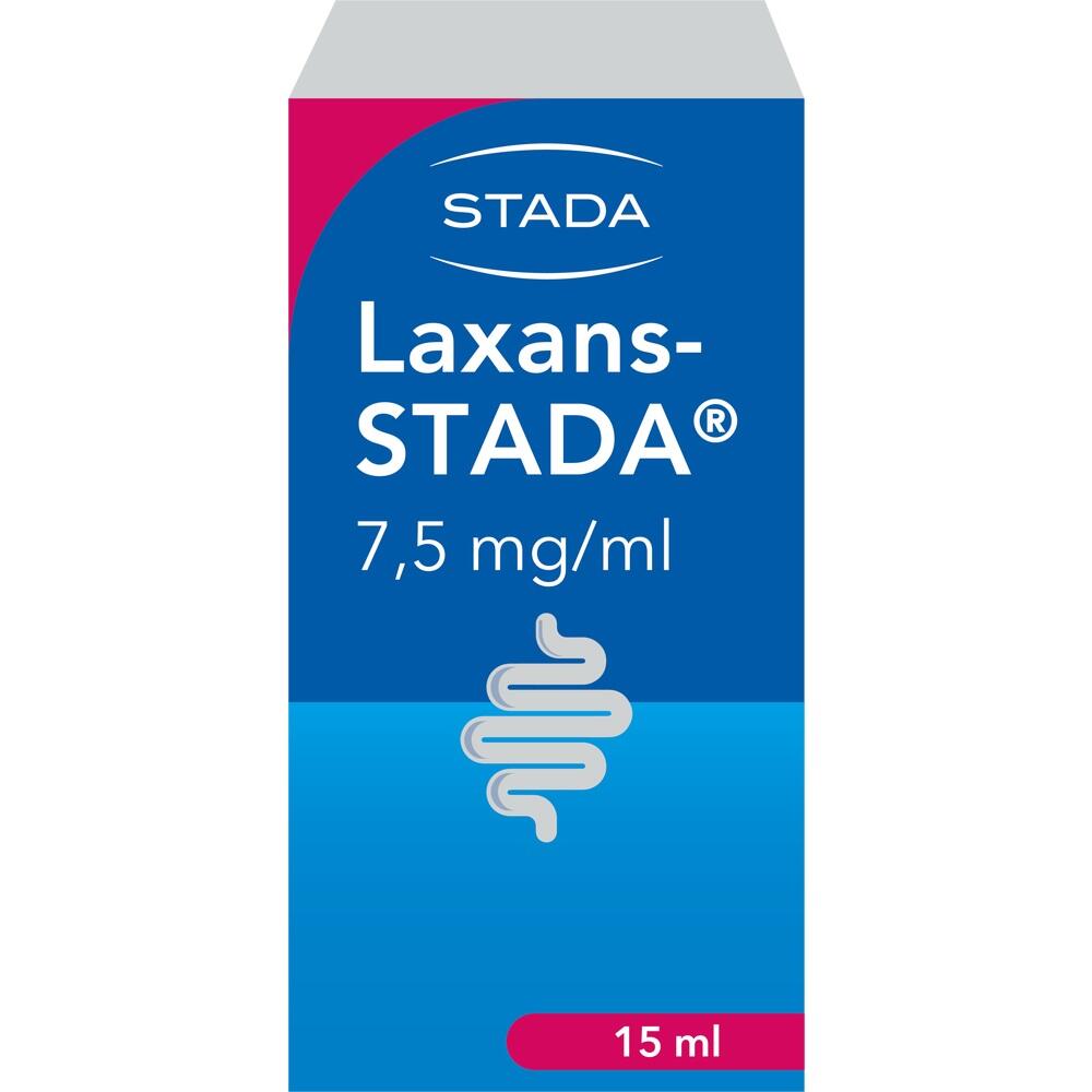 Blaue Verpackung von Laxans-STADA, 7,5 mg/ml, 15 ml.