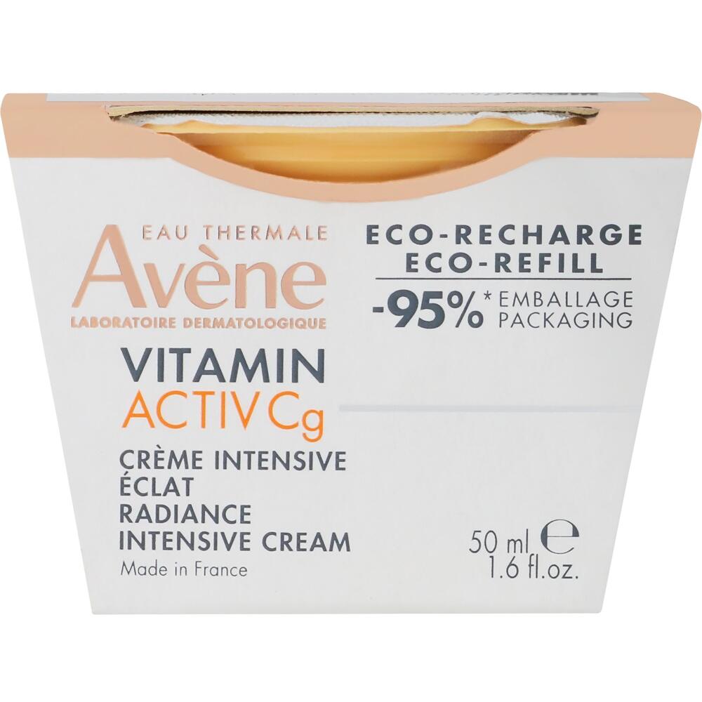 Weiße Verpackung mit der Aufschrift "Avene Vitamin Cg Creme" und ökologischem Nachfüllhinweis.